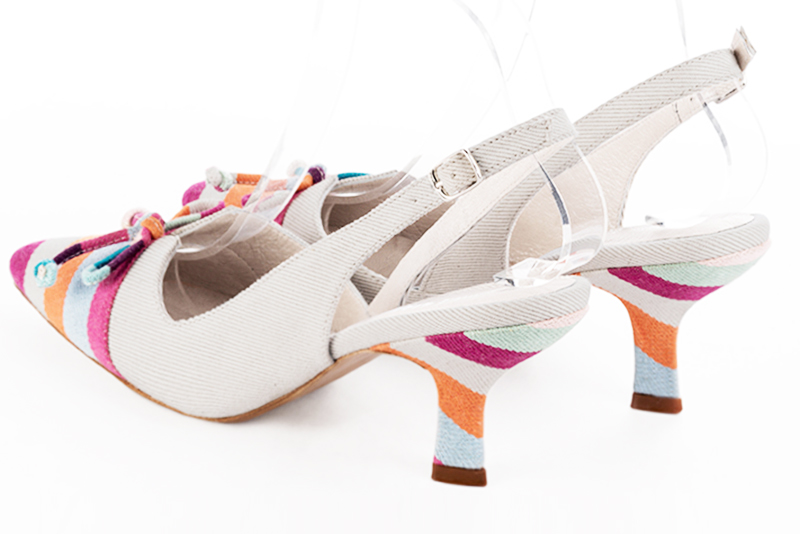 Light pink and off white women's open back shoes, with a knot. Tapered toe. Medium spool heels. Rear view - Florence KOOIJMAN